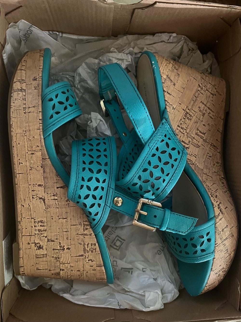 Liz Claiborne Turquoise Laser-Cut Cork Wedge Sandals with Buckle